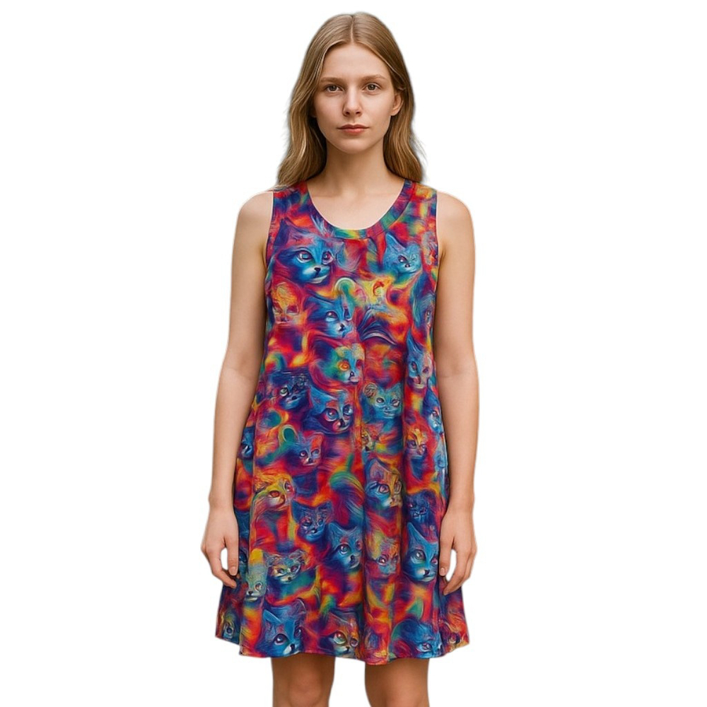 Cat Print Tank Mini Dress Size S Vibrant Colorful Art To Wear Kitten Sleeveless